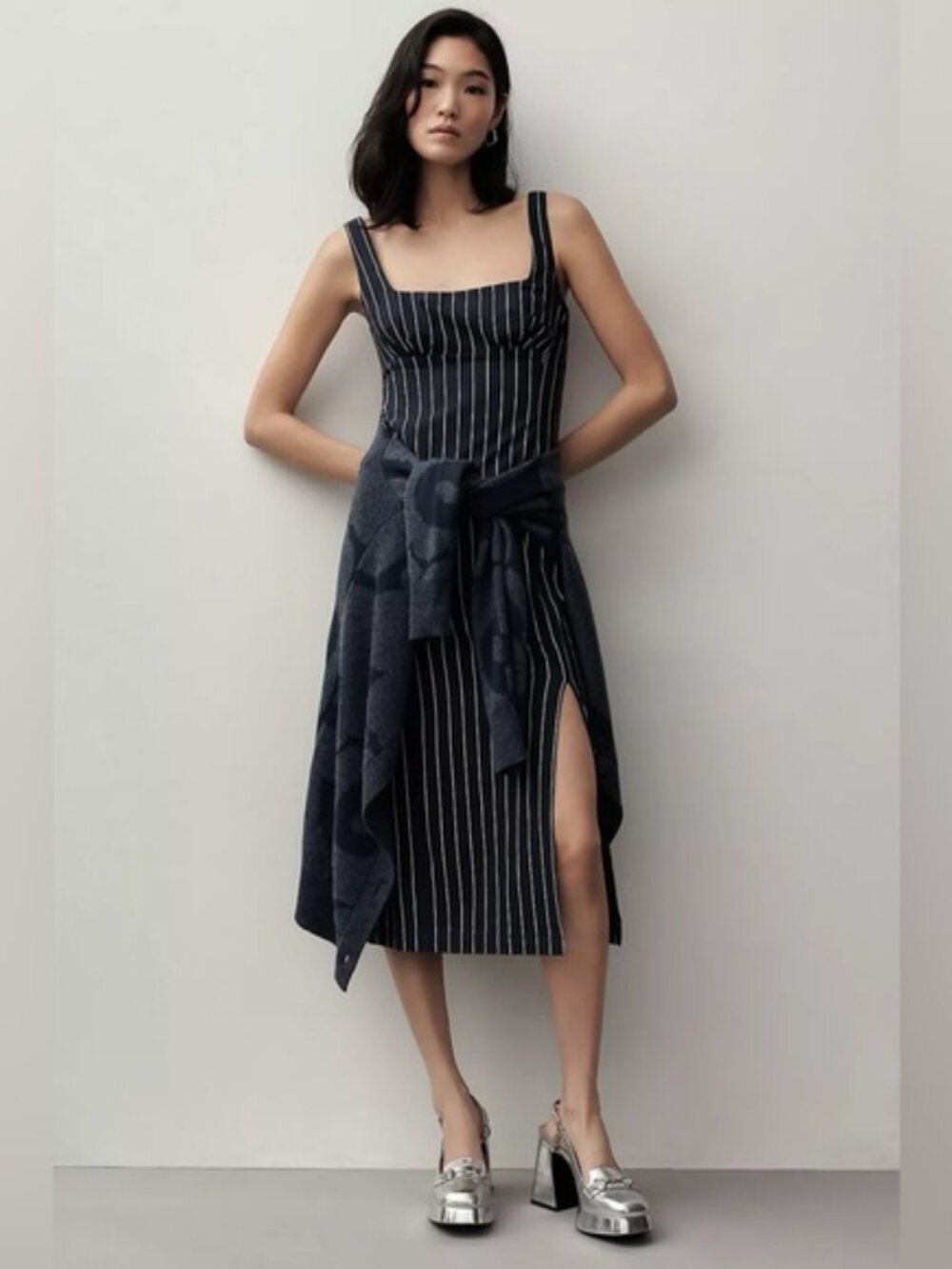 Anthropologie Navy Pinstripe Midi Dress NWT